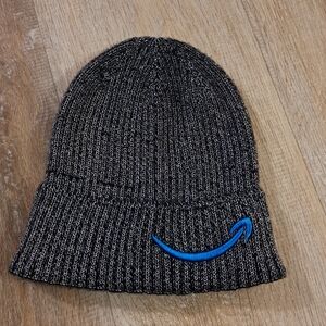 Amazon Black Heather Knit Beanie with Blue Smile Patch